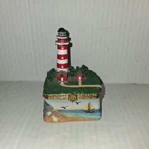 Light House Hinged Trinket Box Painted Beach, Birds, Sail Boat